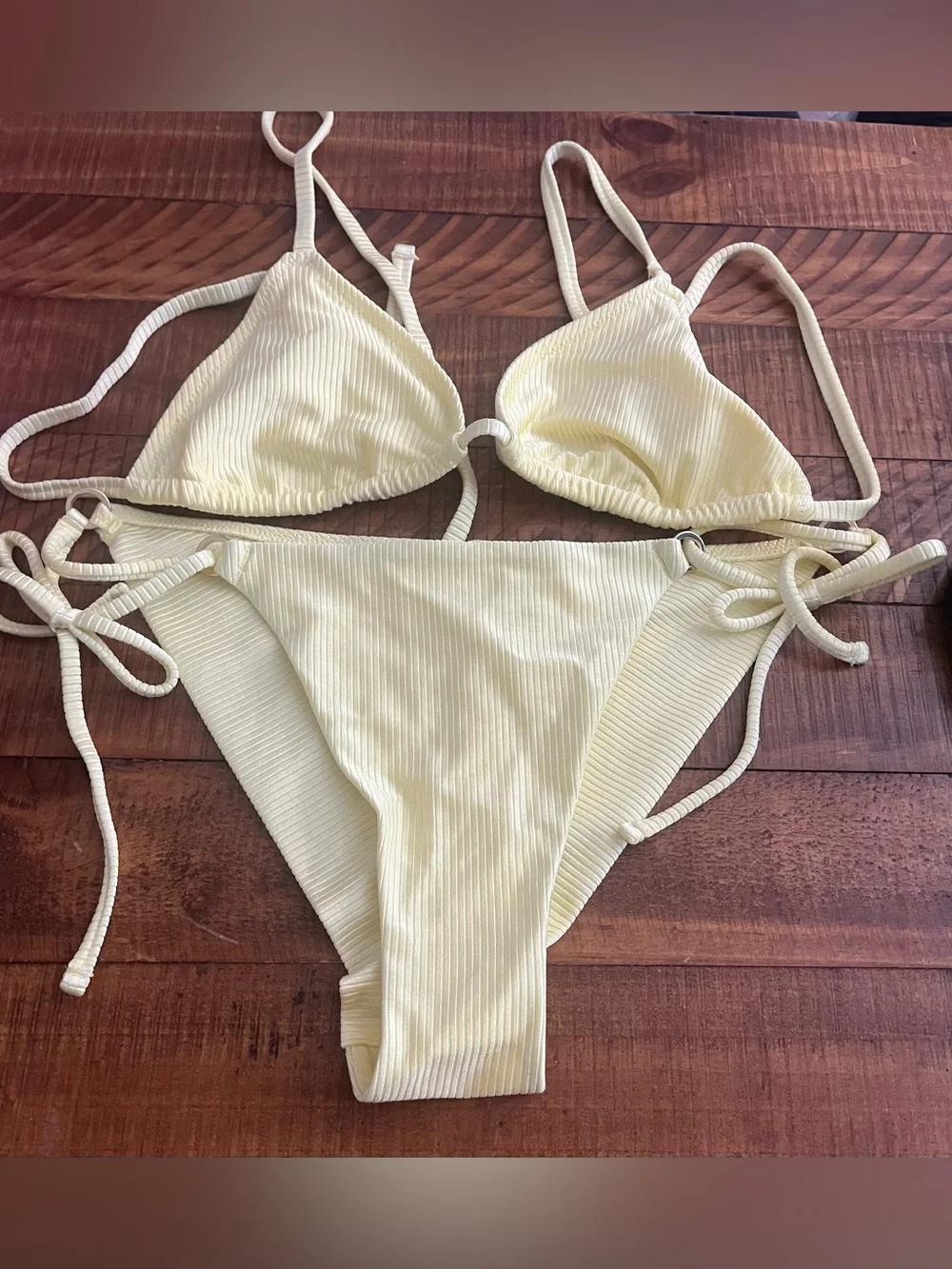 NWT Aerie FULL SET Shine Rib String Triangle Top + Cheekiest Tie Bottom Yellow L
